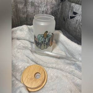 Sublimation glass cup with bamboo lid and plastic straw